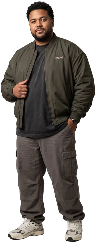 El Peso Pesado: Hombre joven de talla grande con cazadora bomber verde oliva, camiseta oscura, pantalón cargo y zapatillas claras
