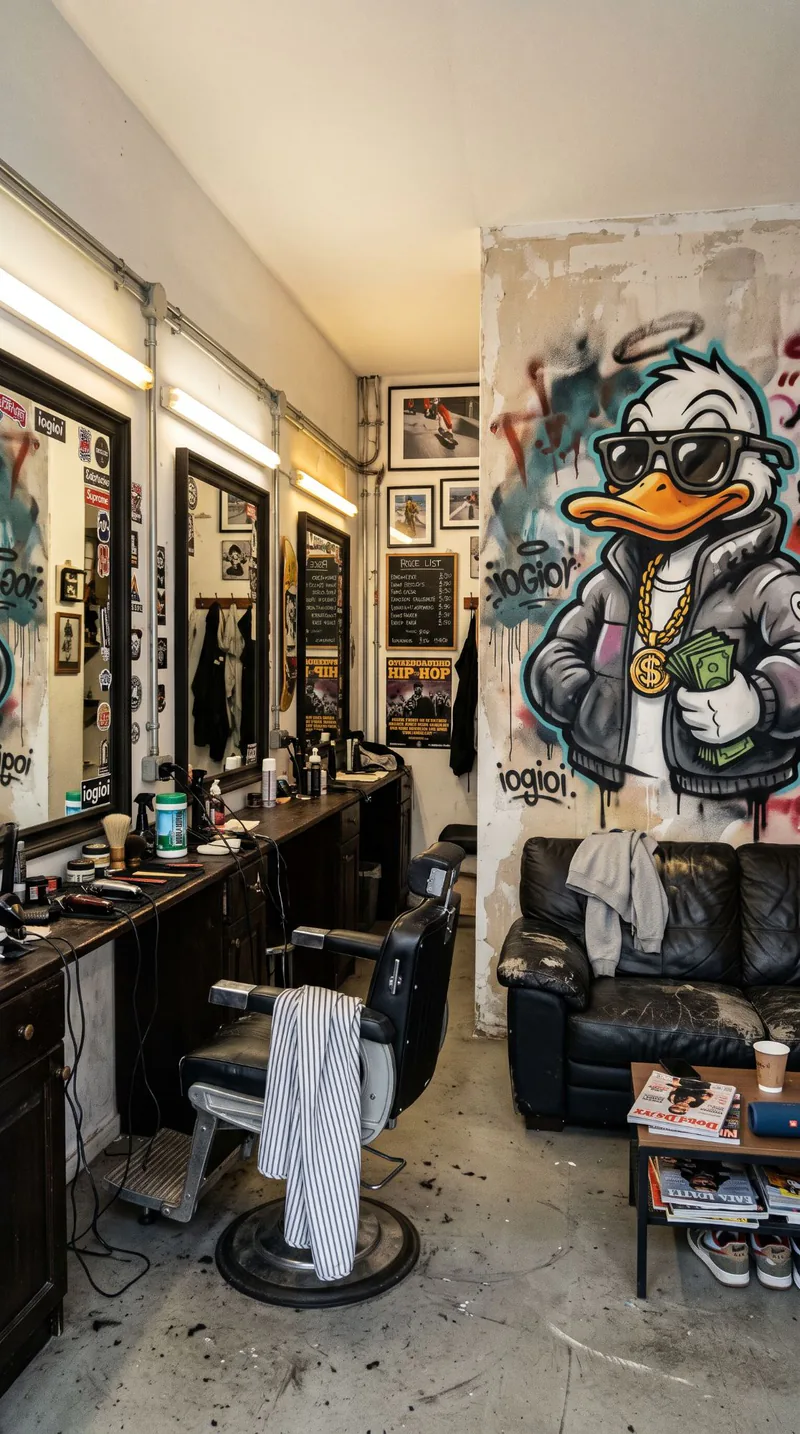 Interior de una barbería de barrio: sillón de barbero, espejos con pegatinas, un sofá de cuero negro y un mural de grafiti de un pato con gafas de sol