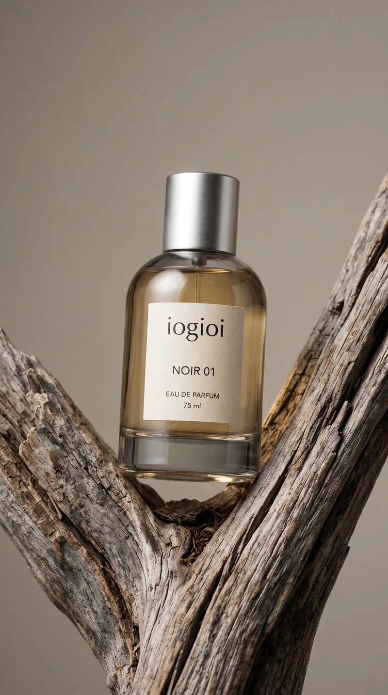 Frasco de perfume iogioi NOIR 01, eau de parfum de 75 ml, apoyado entre ramas de madera seca sobre un fondo gris cálido